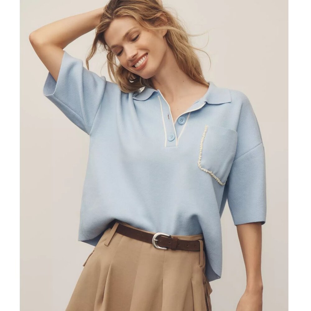 Anthropologie The Eliott Embellished-Pocket Polo Shirt Light Blue M